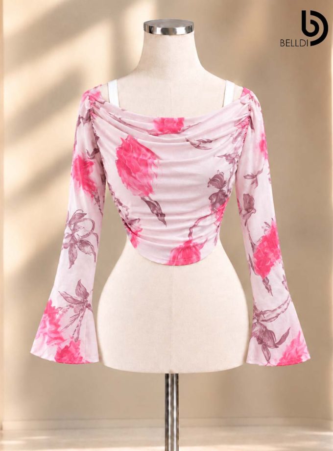 PASTEL FLORAL DRAPED LONG SLEEVE CROP TOP