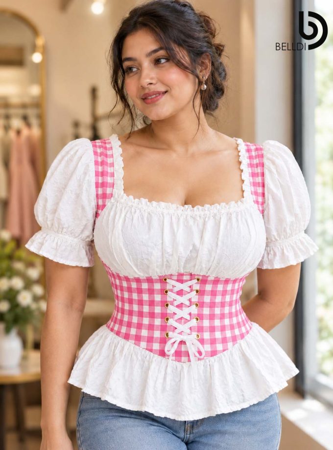 PINK GINGHAM CORSET DETAIL PUFF SLEEVE TOP