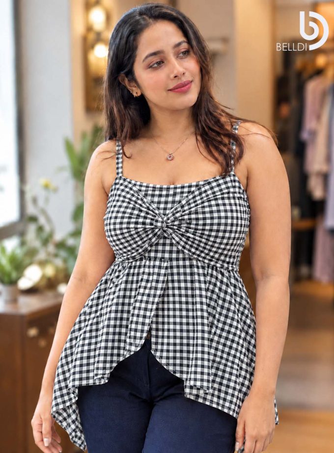 BLACK CHECKERED FRONT GATHERED DRESS