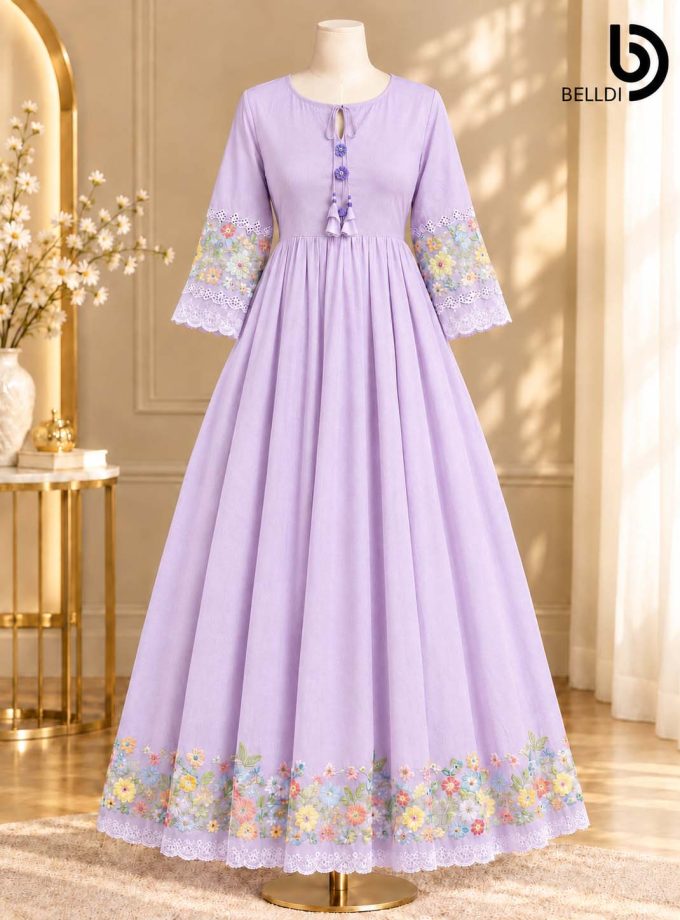 PASTEL PURPLE FLORAL EMBROIDERED MAXI DRESS
