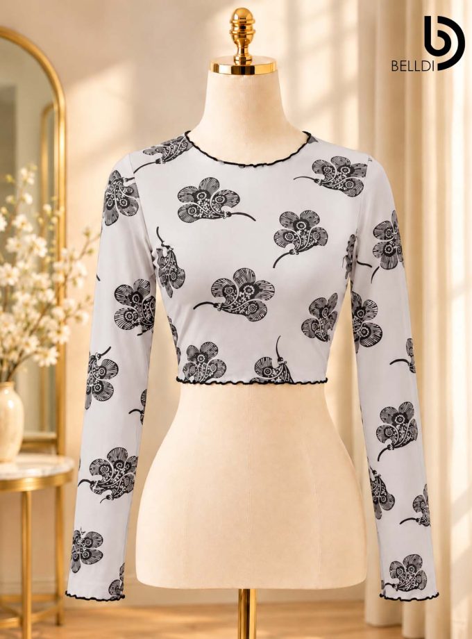 FLORAL TEXTURED LONG SLEEVE CROP TOP