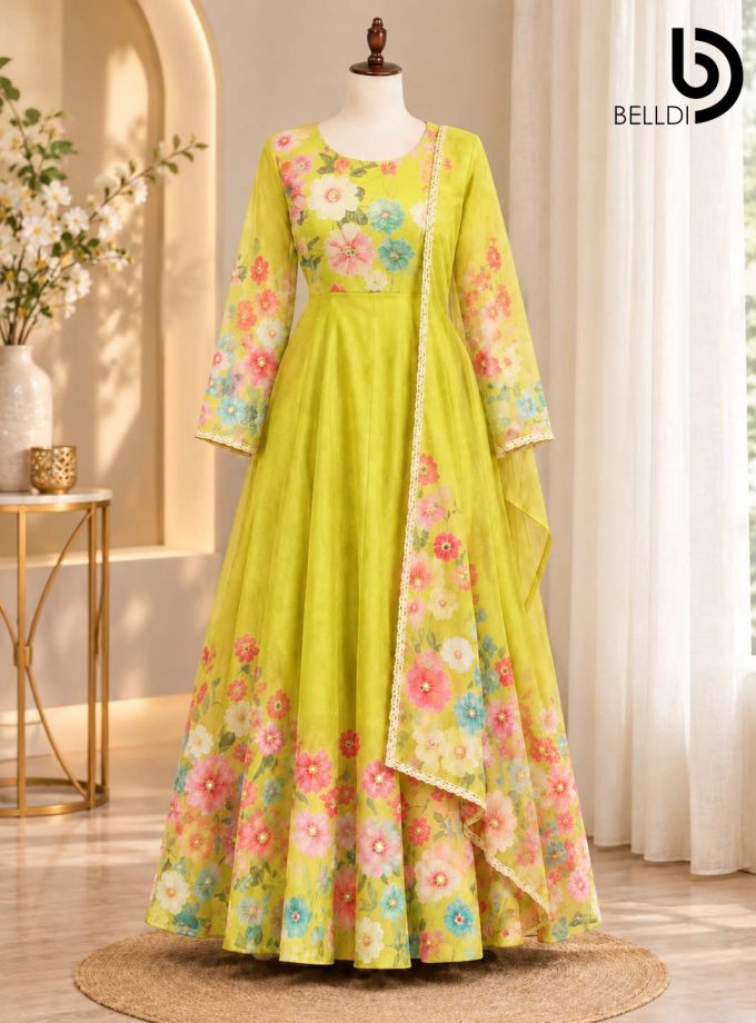 GULNAAR FLORAL ANARKALI LONG DRESS WITH SHAWL