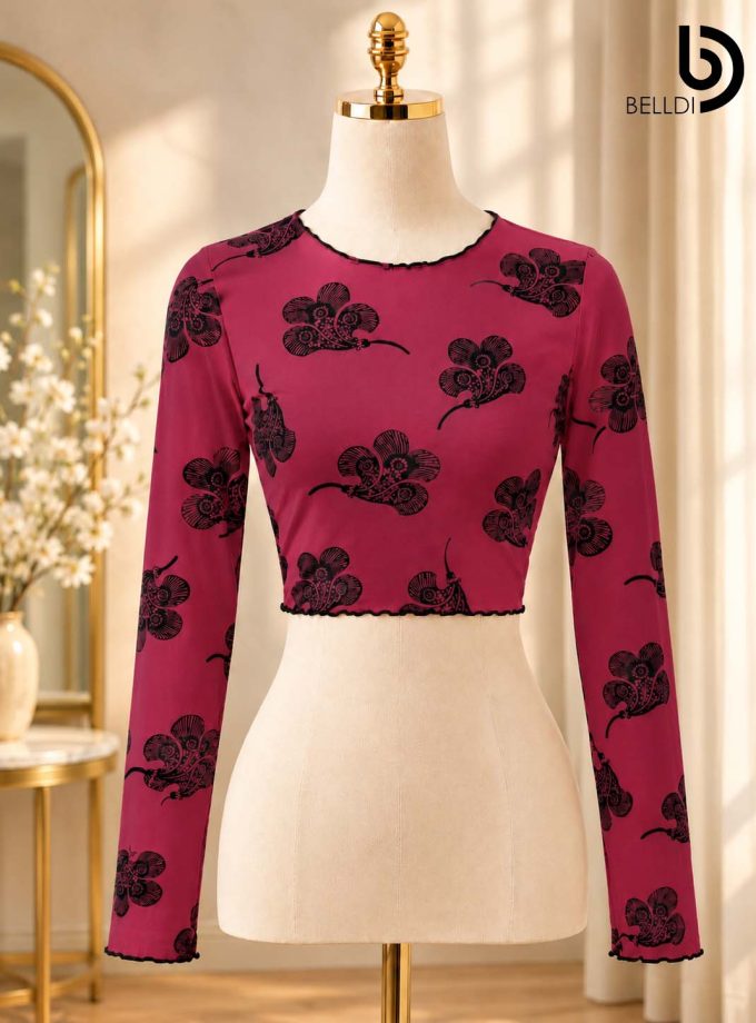 FLORAL TEXTURED LONG SLEEVE CROP TOP