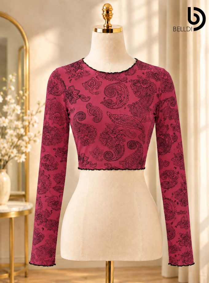 FLORAL TEXTURED LONG SLEEVE CROP TOP