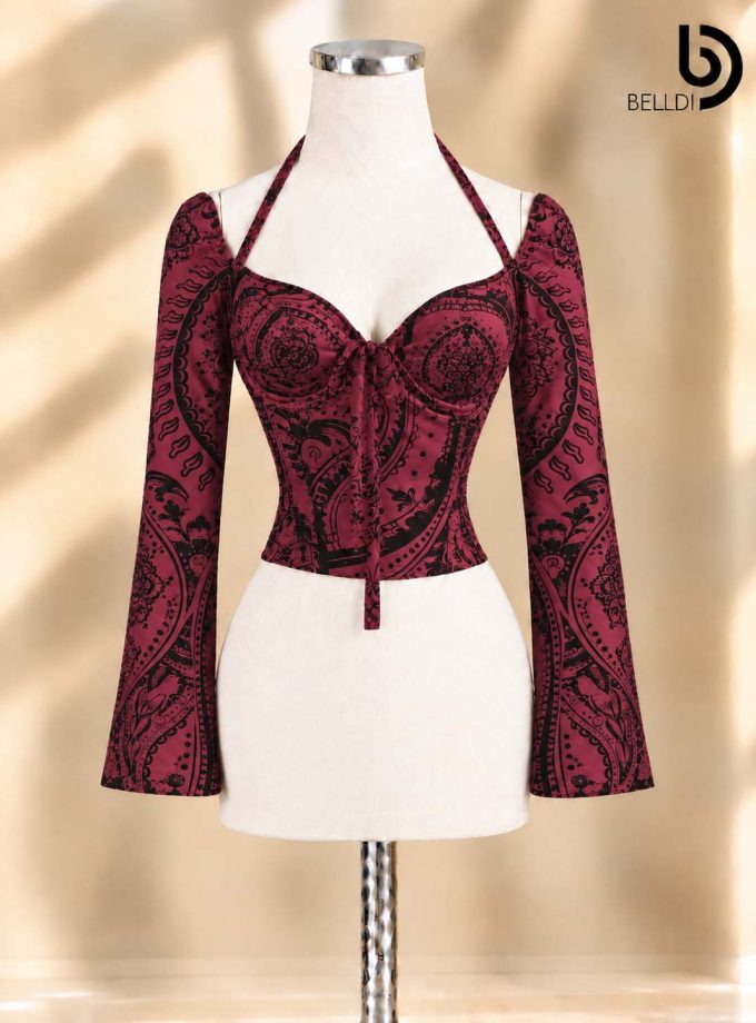 PAISLEY PRINT SWEETHEART NECK LONG SLEEVE CROP TOP