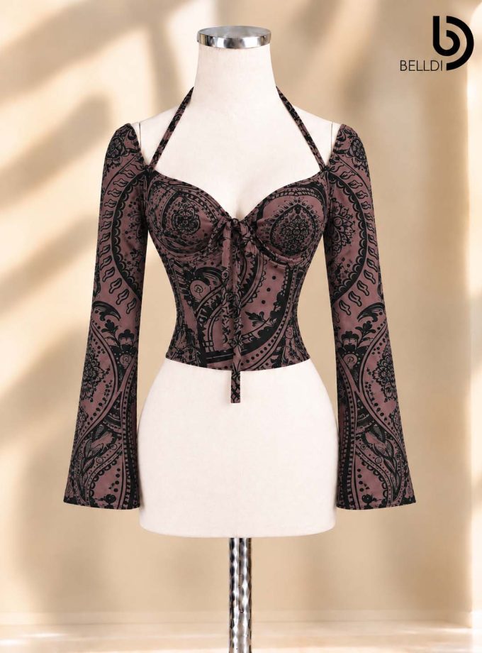 PAISLEY PRINT SWEETHEART NECK LONG SLEEVE CROP TOP