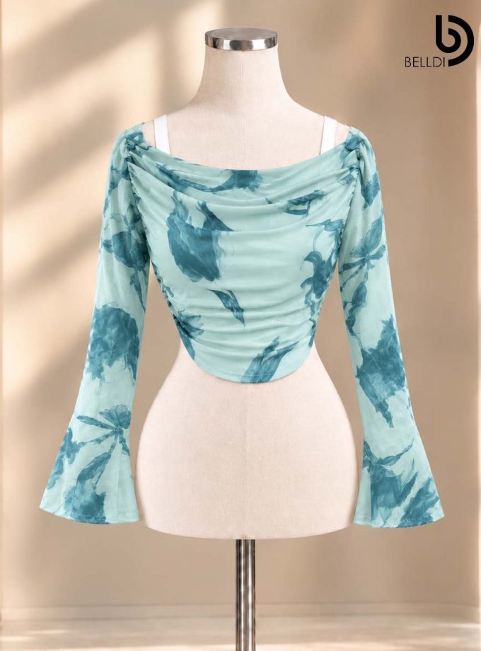 PASTEL FLORAL DRAPED LONG SLEEVE CROP TOP