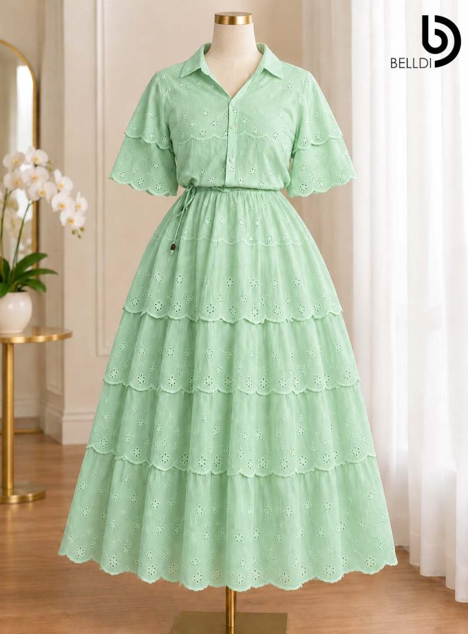MINI EYELET EMBROIDERED TIERED MAXI DRESS