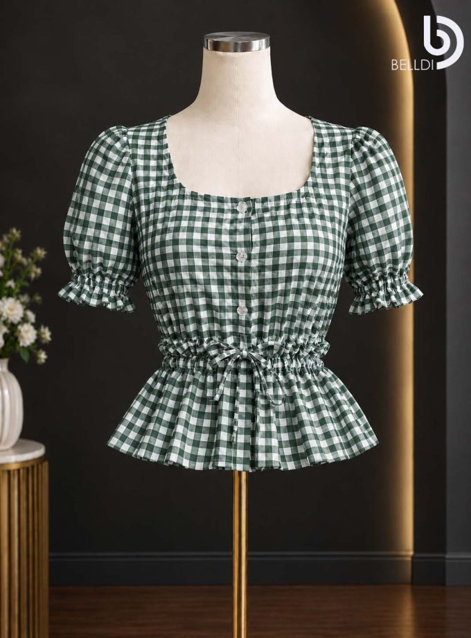 GINGHAM CHECKERED FRONT GATHERED DRESS