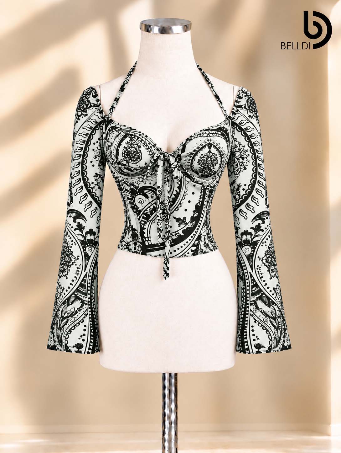 PAISLEY PRINT SWEETHEART NECK LONG SLEEVE CROP TOP
