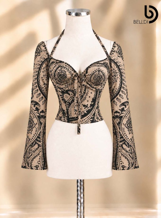 PAISLEY PRINT SWEETHEART NECK LONG SLEEVE CROP TOP