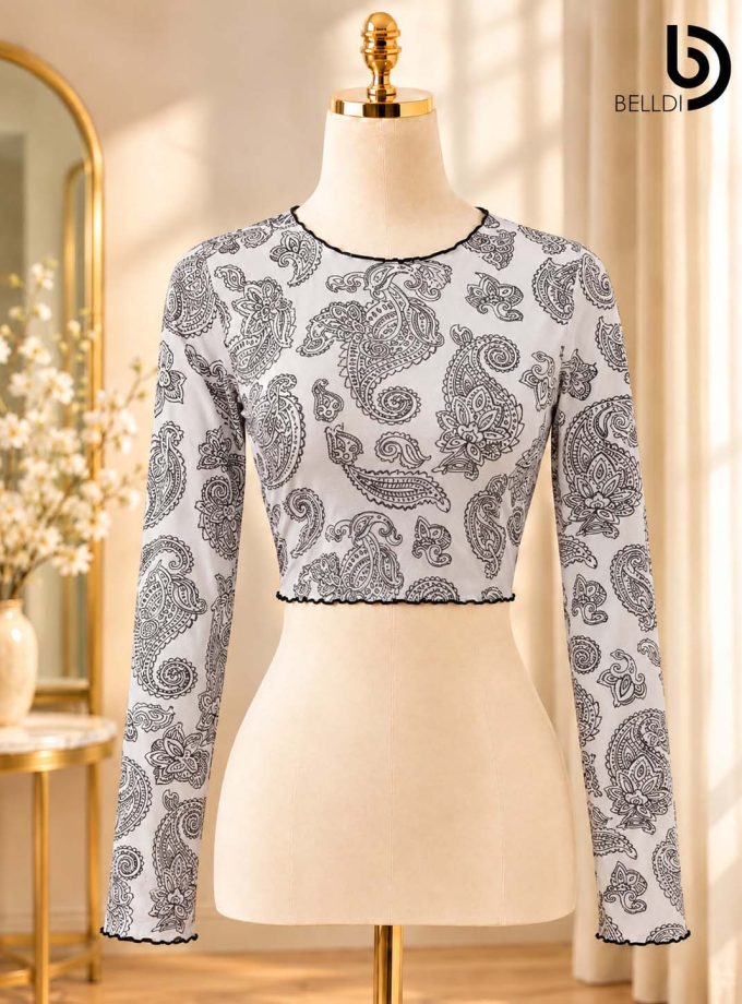FLORAL TEXTURED LONG SLEEVE CROP TOP