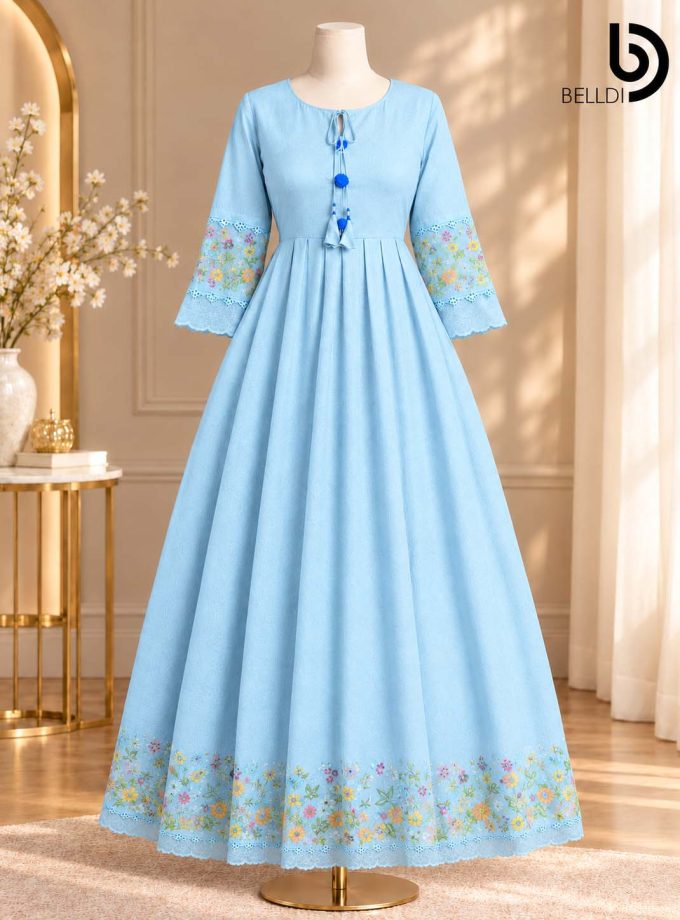 PASTEL BLUE FLORAL EMBROIDERED MAXI DRESS