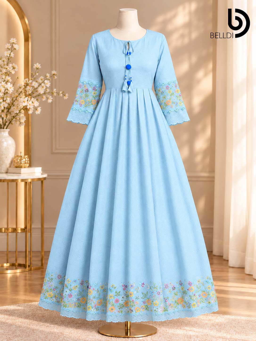PASTEL BLUE FLORAL EMBROIDERED MAXI DRESS