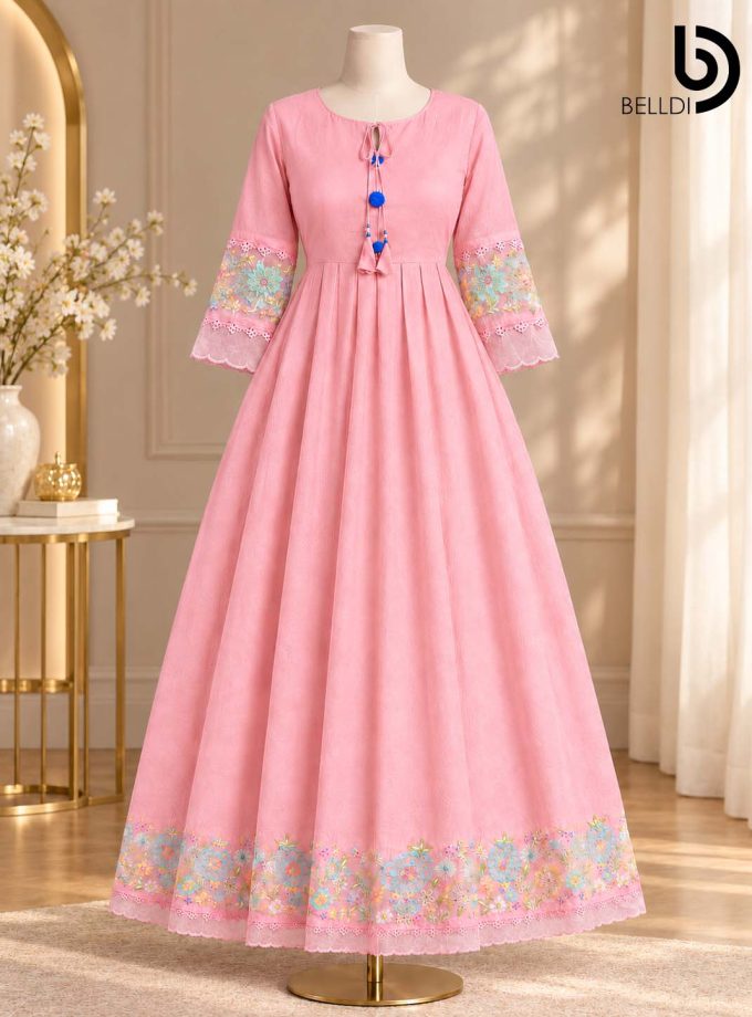 PASTEL PINK FLORAL EMBROIDERED MAXI DRESS
