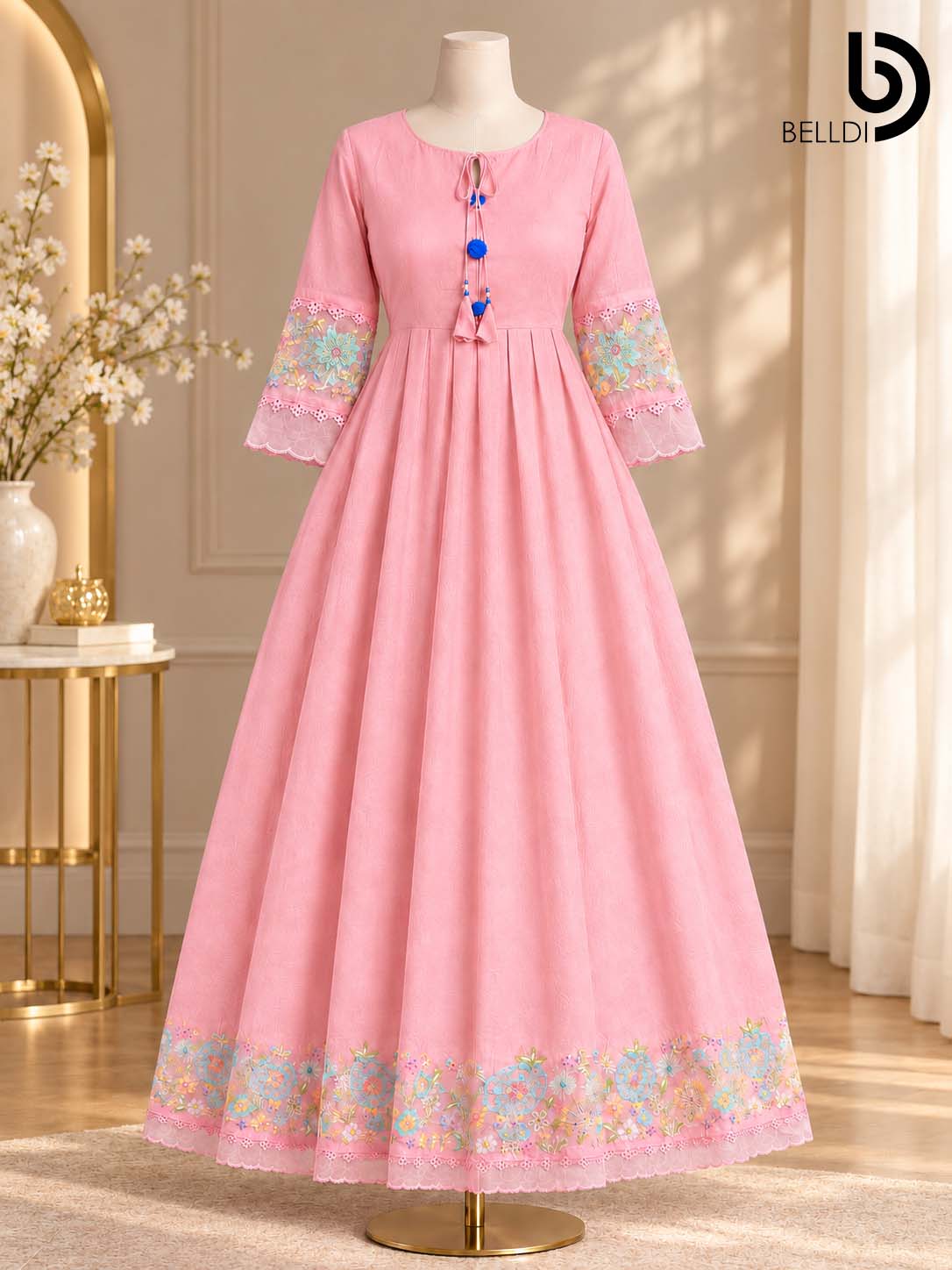 PASTEL PINK FLORAL EMBROIDERED MAXI DRESS
