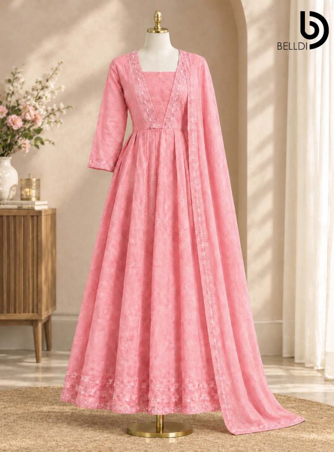 BLUSH PINK EMBROIDERED LONG DRESS WITH SHAWL