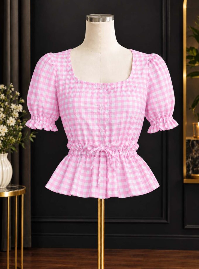 GINGHAM CHECKERED FRONT GATHERED DRESS