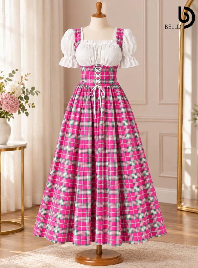 CHECKERED PUFF SLEEVE CORSET FLARED LONG FROCK