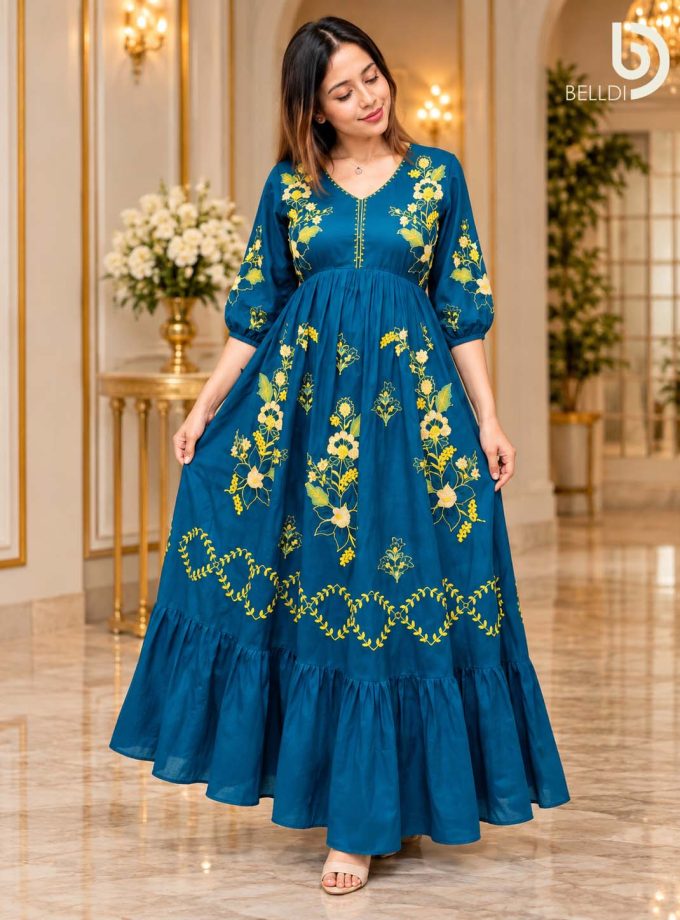 TEAL BLOSSOM FLARE INDIAN LONG DRESS