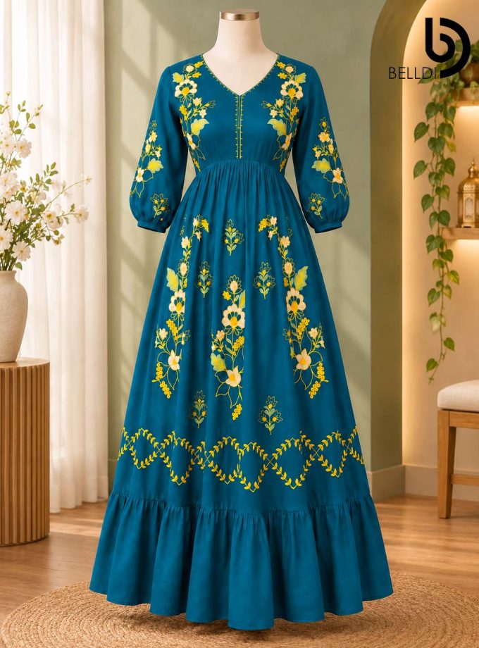 TEAL BLOSSOM FLARE INDIAN LONG DRESS