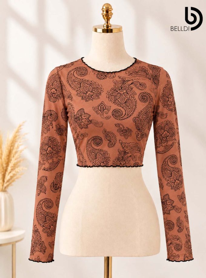 FLORAL TEXTURED LONG SLEEVE CROP TOP
