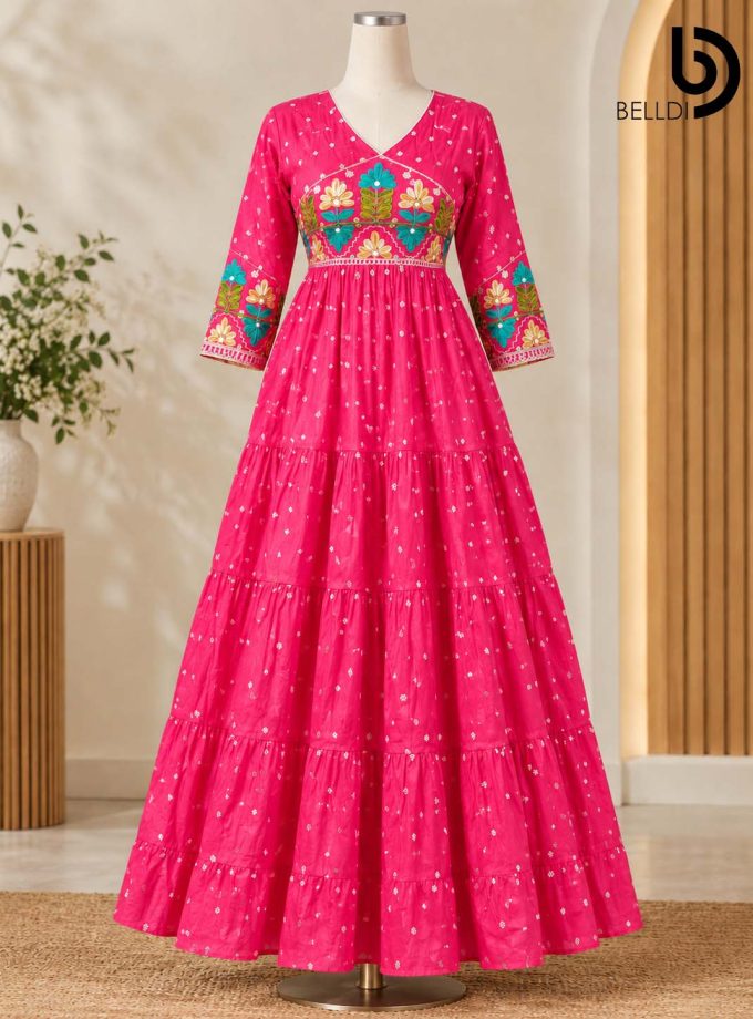 FLORAL EMBROIDERED TIERED INDIAN LONG FROCK