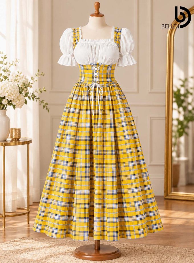 CHECKERED PUFF SLEEVE CORSET FLARED LONG FROCK