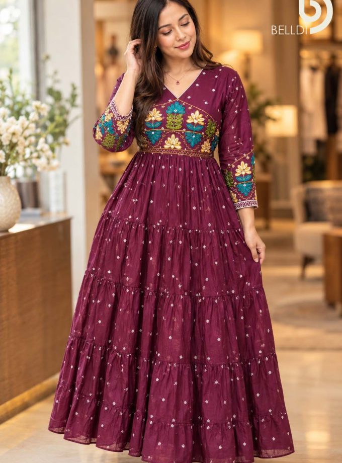 FLORAL EMBROIDERED TIERED INDIAN LONG FROCK