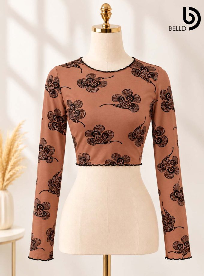 FLORAL TEXTURED LONG SLEEVE CROP TOP