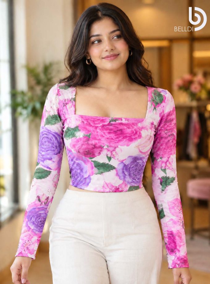 FLORAL SQUARE NECK LONG SLEEVE CROP TOP