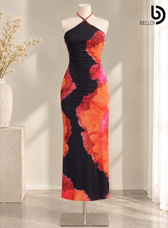 FLORAL PRINT HALTER NECK MAXI BODYCON DRESS