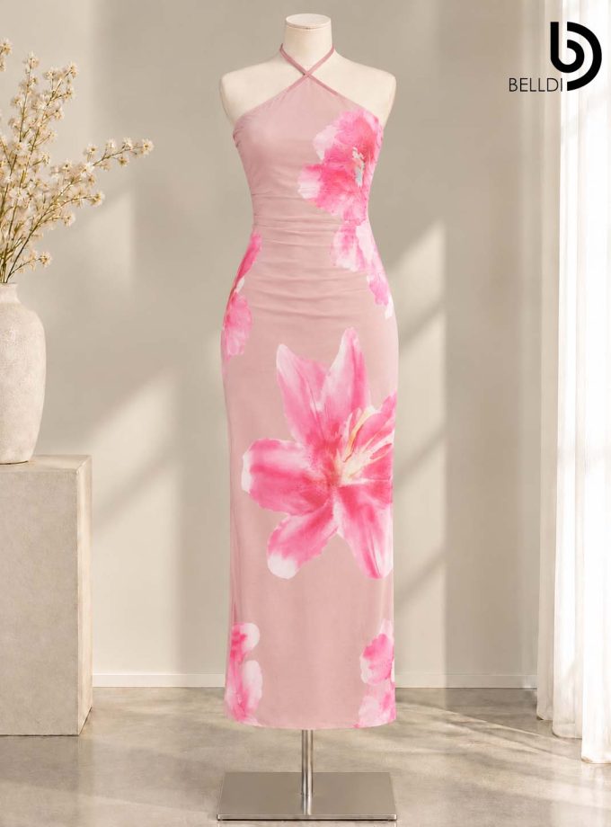 FLORAL PRINT HALTER NECK MAXI BODYCON DRESS