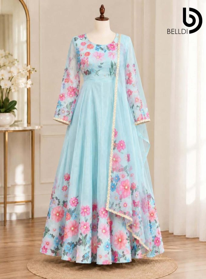 GULNAAR FLORAL ANARKALI LONG DRESS WITH SHAWL