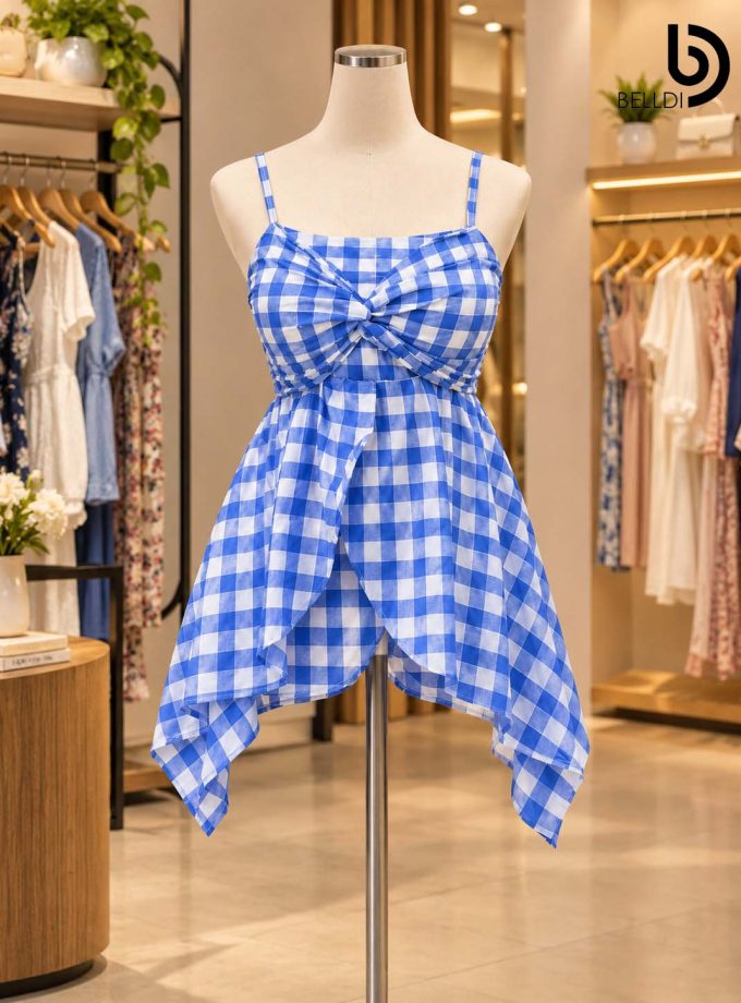 BLUE CHECKERED FRONT GATHERED DRESS