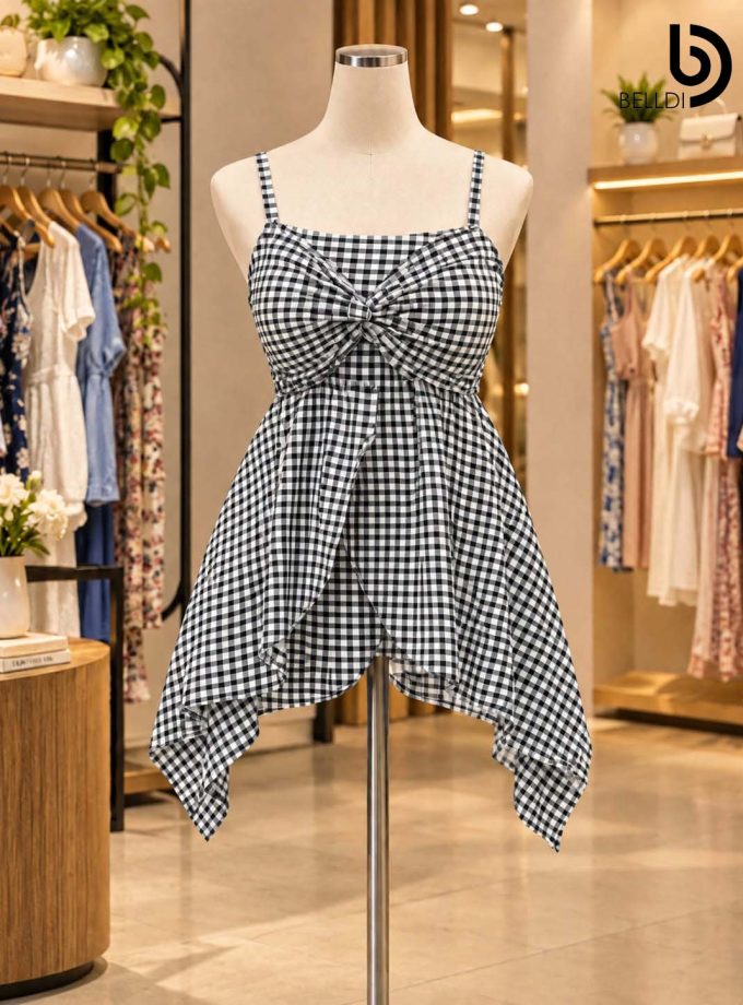 BLACK CHECKERED FRONT GATHERED DRESS