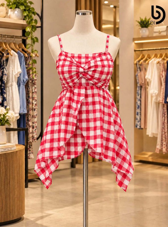 RED CHECKERED FRONT GATHERED DRESS