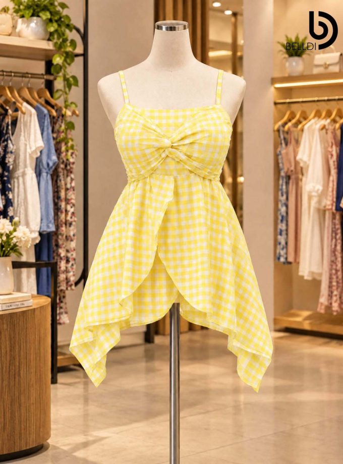 YELLOW CHECKERED FRONT GATHERED DRESS