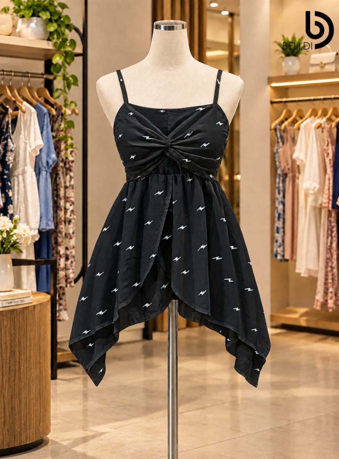 BLACK LIGHTNING PRINT FRONT GATHERED DRESS