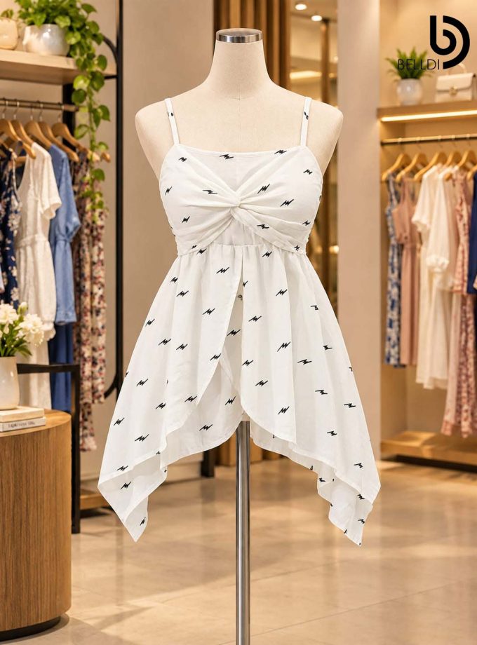 WHITE LIGHTNING PRINT FRONT GATHERED DRESS