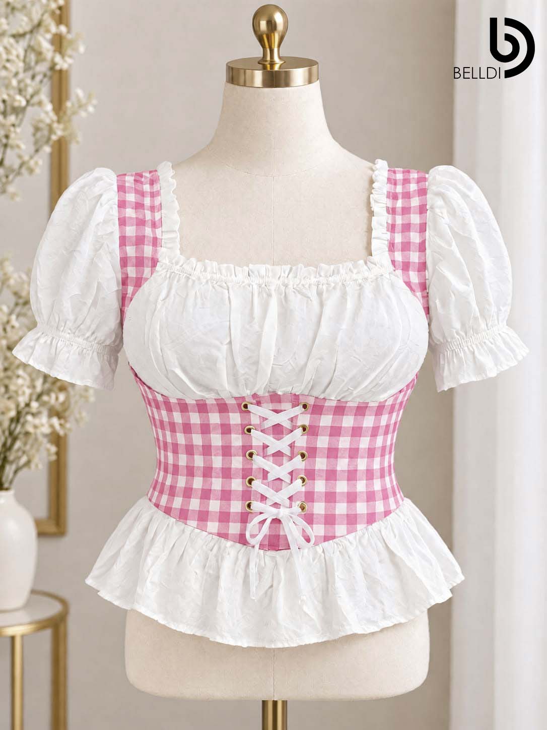 PINK GINGHAM CORSET DETAIL PUFF SLEEVE TOP
