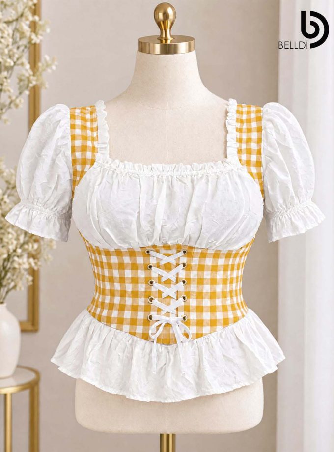 YELLOW GINGHAM CORSET DETAIL PUFF SLEEVE TOP