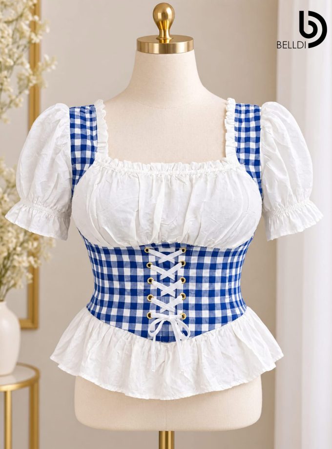 BLUE GINGHAM CORSET DETAIL PUFF SLEEVE TOP