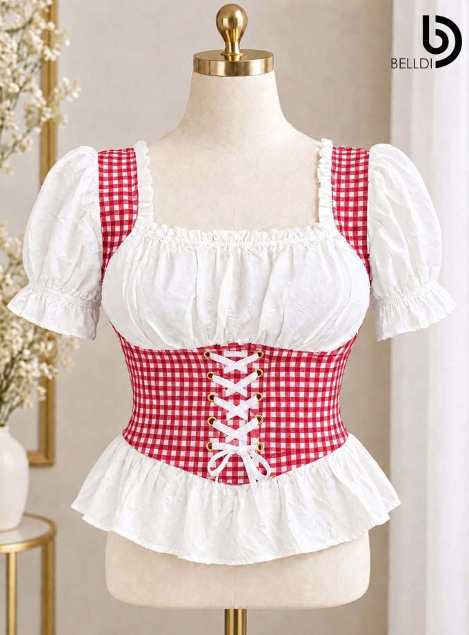 RED GINGHAM CORSET DETAIL PUFF SLEEVE TOP