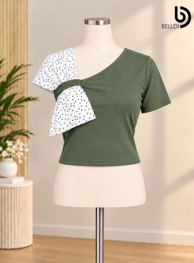 ASYMMETRIC NECK CONTRAST DETAIL CROP TOP
