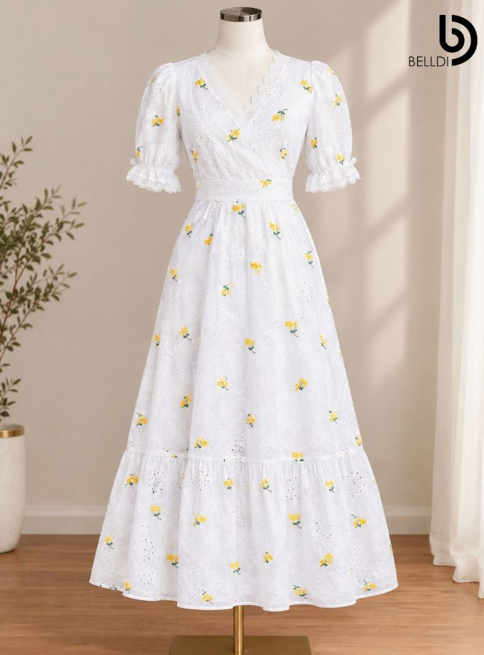 FLORAL EMBROIDERED EYELET MAXI DRESS