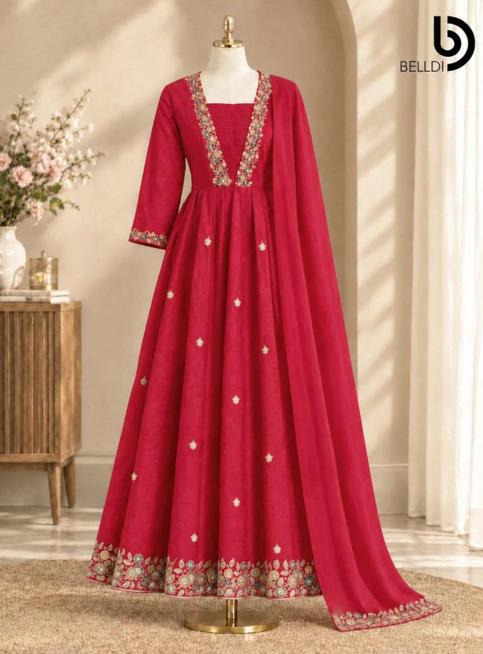 RUBY RED EMBROIDERED LONG DRESS WITH SHAWL