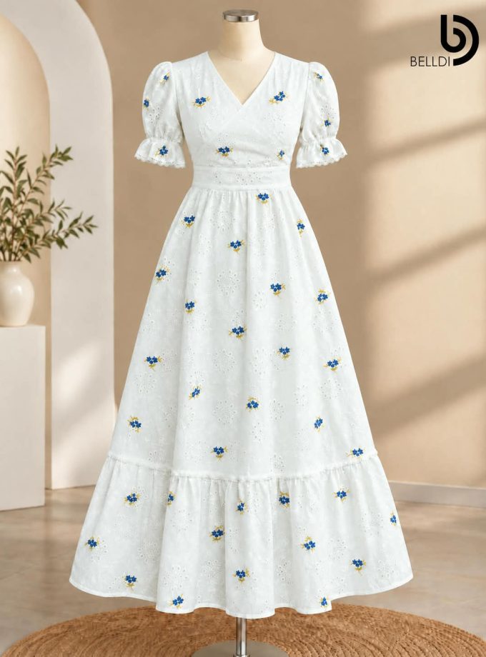 FLORAL EMBROIDERED EYELET MAXI DRESS