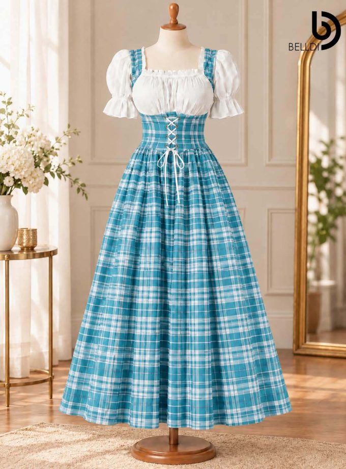 CHECKERED PUFF SLEEVE CORSET FLARED LONG FROCK