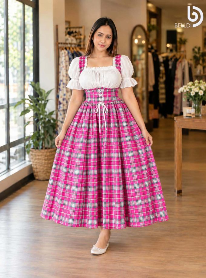 CHECKERED PUFF SLEEVE CORSET FLARED LONG FROCK